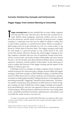 Currents: Feminist Key Concepts and Controversies Trigger Happy: from Content Warning to Censorship Trigger Warnings Have Become