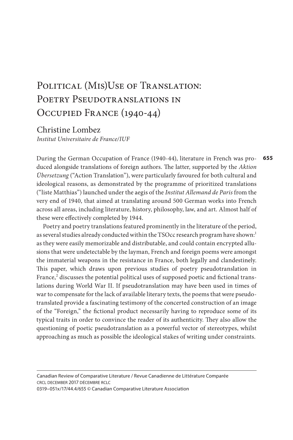 Use of Translation: Poetry Pseudotranslations in Occupied France (1940-44) Christine Lombez Institut Universitaire De France/IUF