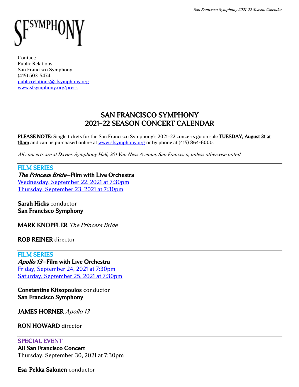 San Francisco Symphony 202122 Season Concert Calendar DocsLib