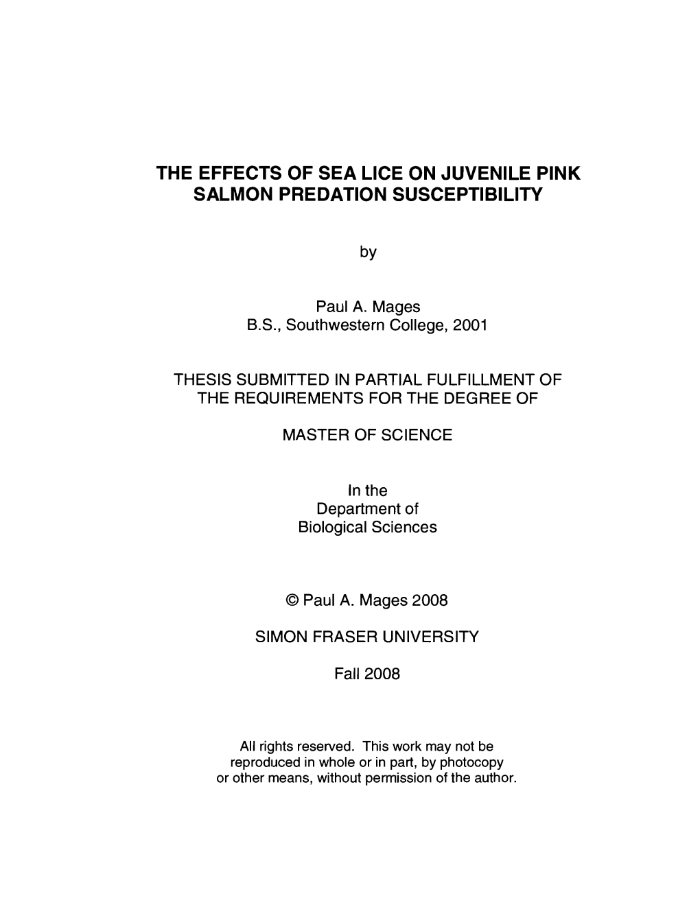 The Effects of Sea Lice on Juvenile Pink Salmon Predation Susceptibility