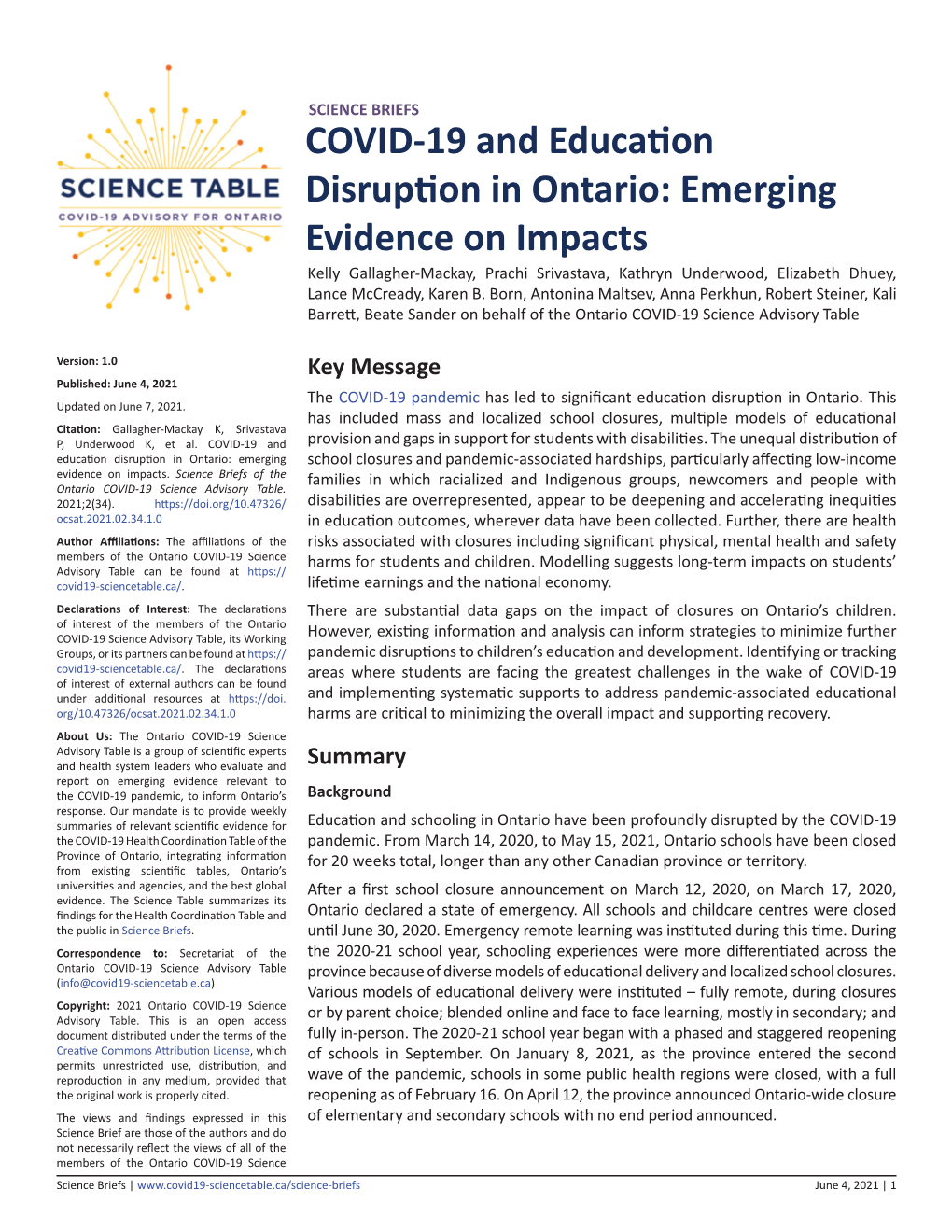 COVID-19 and Education Disruption in Ontario: Emerging Evidence on Impacts Advisory Table, Its Working Groups, and Its Questions HEX #002A5C Partners