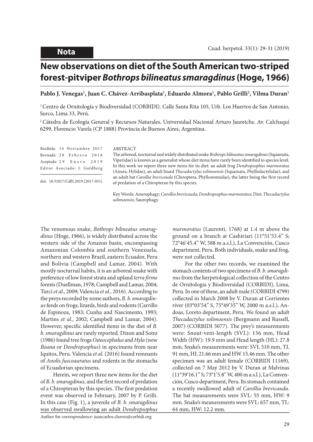 New Observations on Diet of the South American Two-Striped Forest-Pitviper Bothrops Bilineatus Smaragdinus (Hoge, 1966)