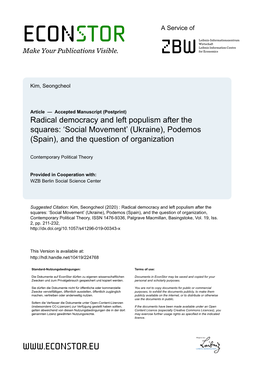 Radical Democracy and Left Populism After the Squares: ‘Social Movement’ (Ukraine), Podemos (Spain), and the Question of Organization