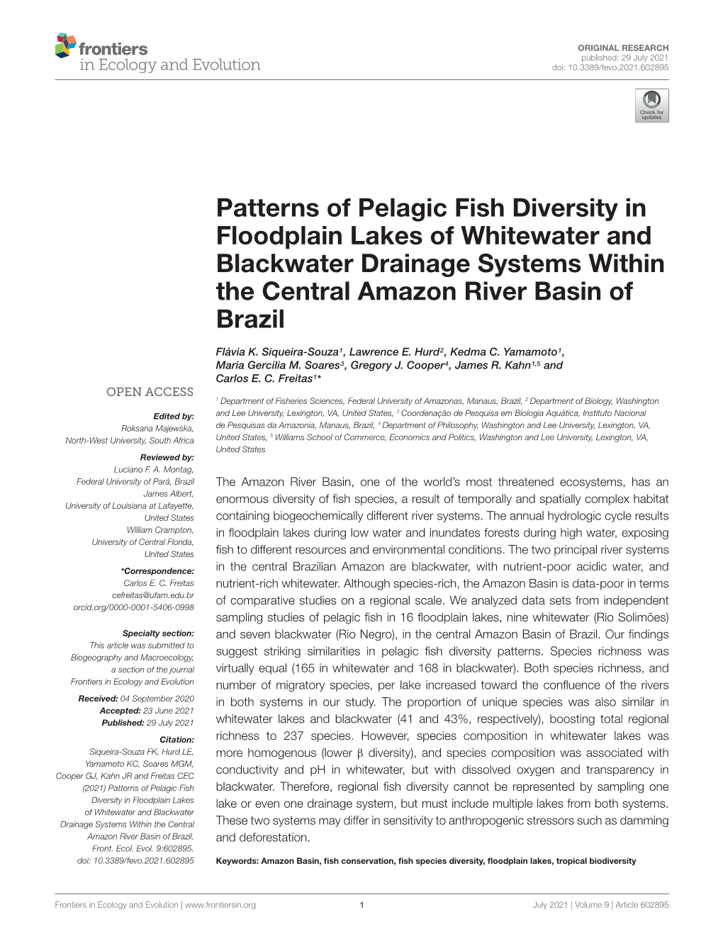 Patterns of Pelagic Fish Diversity in Floodplain Lakes of Whitewater and Blackwater Drainage Systems Within the Central Amazon River Basin of Brazil