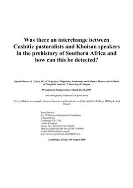 Was There an Interchange Between Cushitic Pastoralists and Khoisan Speakers in the Prehistory of Southern Africa and How Can This Be Detected?
