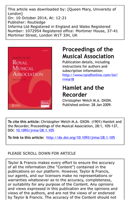 Proceedings of the Musical Association Hamlet and the Recorder