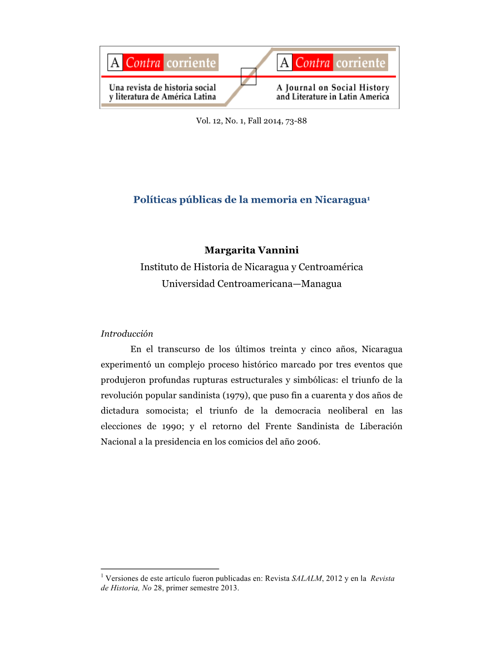 Políticas Públicas De La Memoria En Nicaragua1 Margarita Vannini