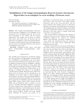 Establishment of the Fungal Entomopathogen Beauveria Bassiana (Ascomycota: Hypocreales) As an Endophyte in Cocoa Seedlings (Theobroma Cacao)