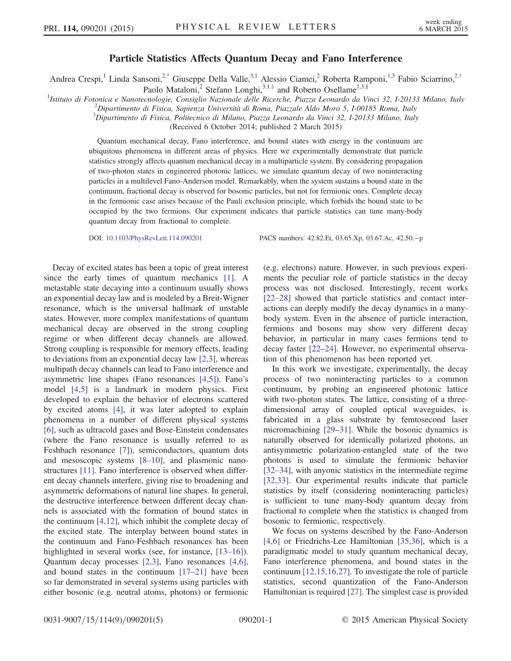 Particle Statistics Affects Quantum Decay and Fano Interference