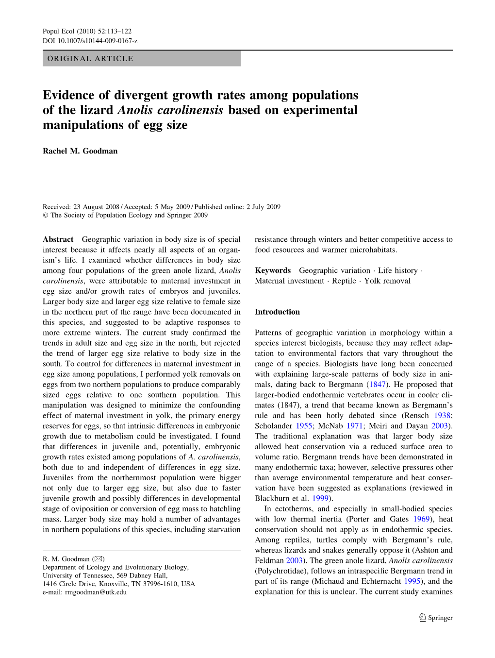 Evidence of Divergent Growth Rates Among Populations of the Lizard Anolis Carolinensis Based on Experimental Manipulations of Egg Size