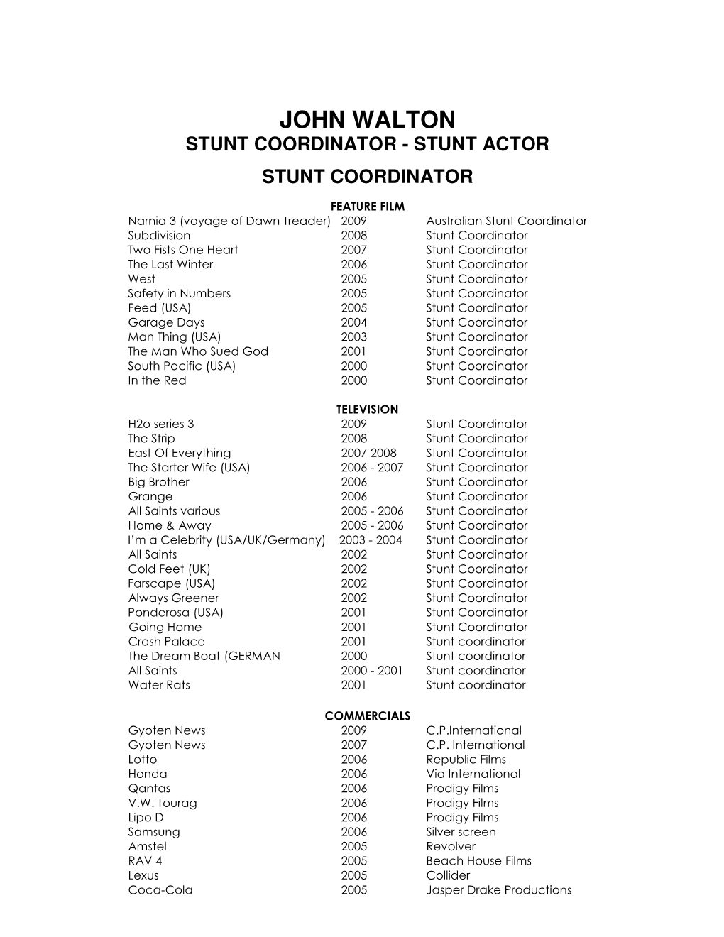 John Walton Stunt Coordinator - Stunt Actor Stunt Coordinator