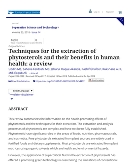 Techniques for the Extraction of Phytosterols and Their Benefits in Human Health: a Review Uddin MS, Sahena Ferdosh, Md