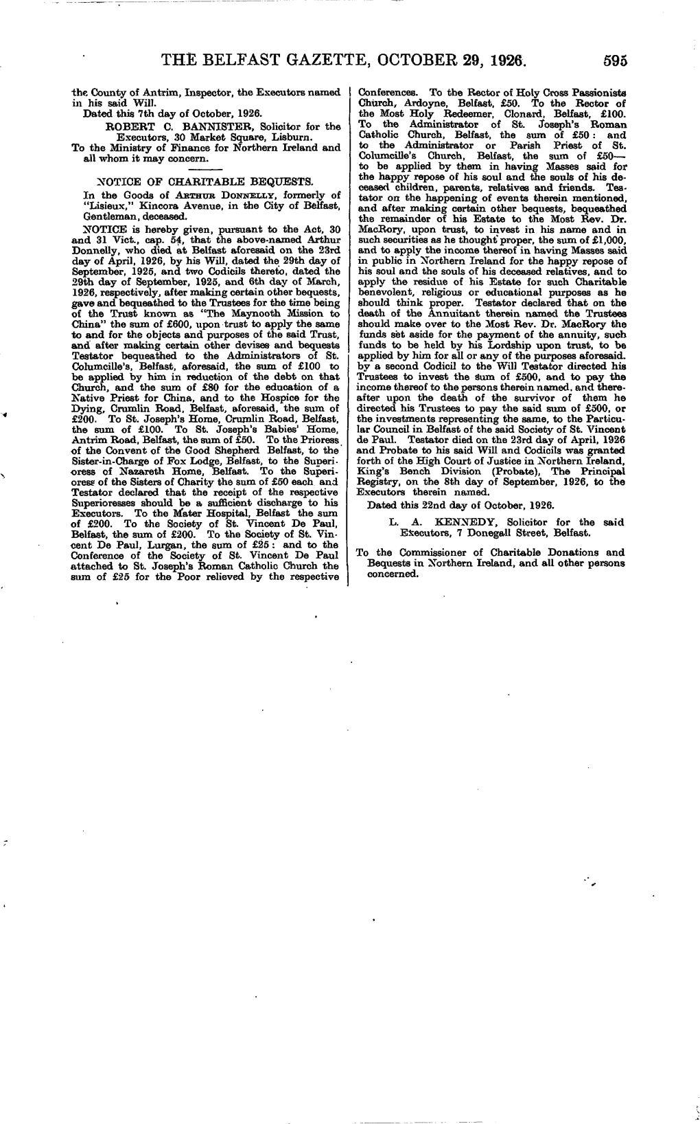 THE BELFAST GAZETTE, OCTOBER 29, 1926. 595 the County of Antrim, Inspector, the Executors Named Conferences