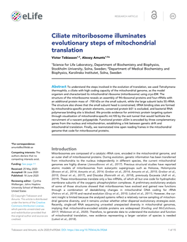 Ciliate Mitoribosome Illuminates Evolutionary Steps of Mitochondrial Translation Victor Tobiasson1,2, Alexey Amunts1,2*