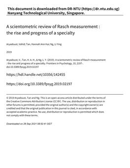 A Scientometric Review of Rasch Measurement : the Rise and Progress of a Specialty