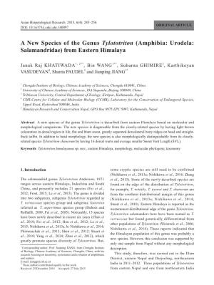A New Species of the Genus Tylototriton (Amphibia: Urodela: Salamandridae) from Eastern Himalaya