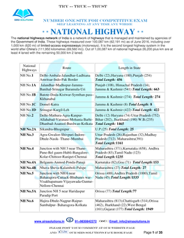 NATIONAL HIGHWAY * * the National Highways Network of India Is a Network of Highways That Is Managed and Maintained by Agencies of the Government of India