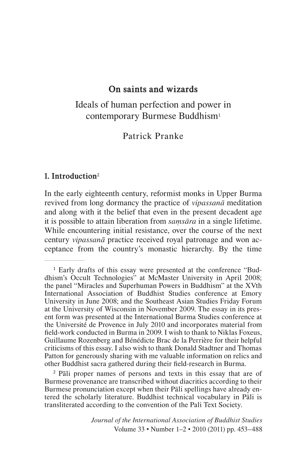 On Saints and Wizards Ideals of Human Perfection and Power in Contemporary Burmese Buddhism1