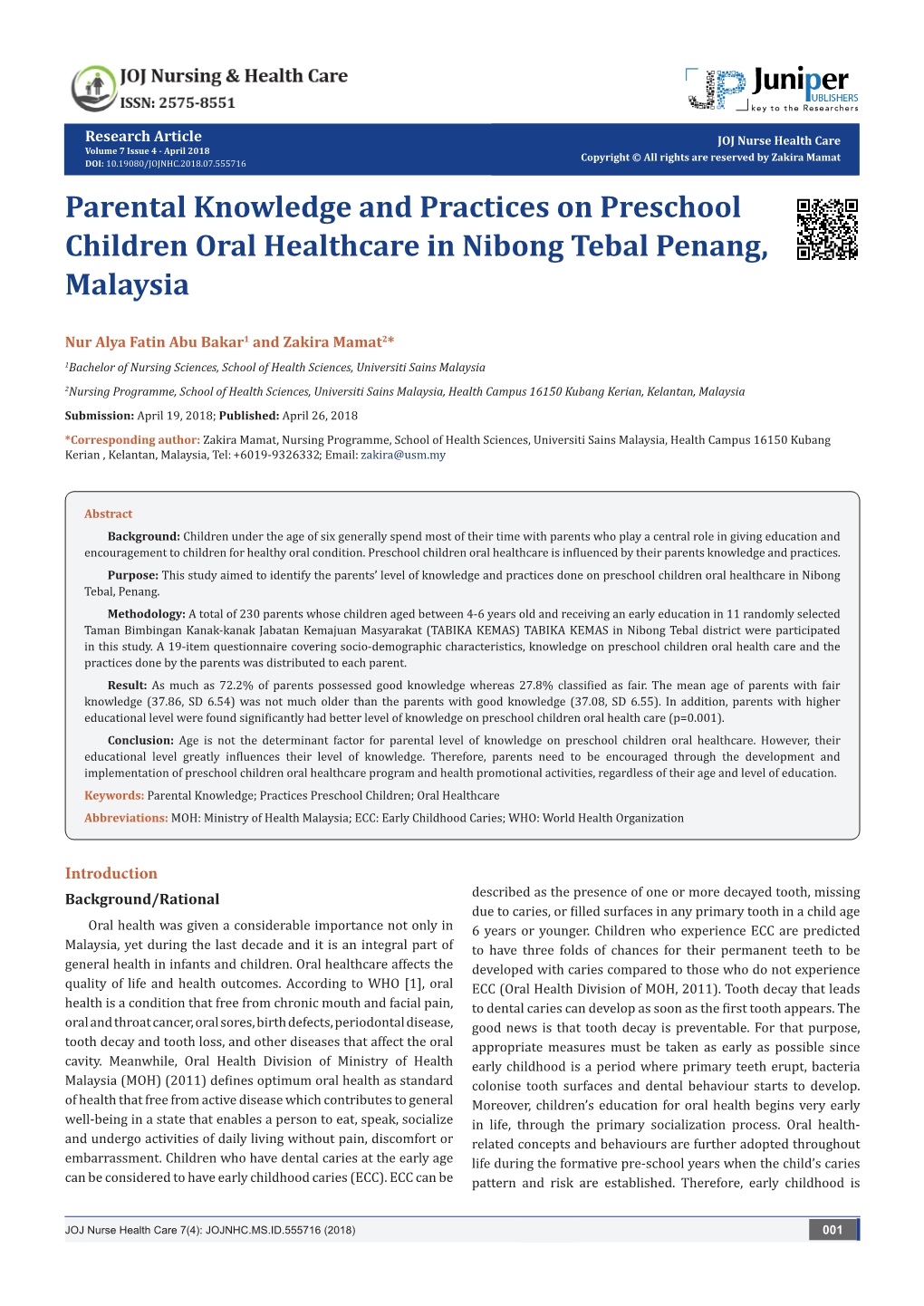 Parental Knowledge and Practices on Preschool Children Oral Healthcare in Nibong Tebal Penang, Malaysia