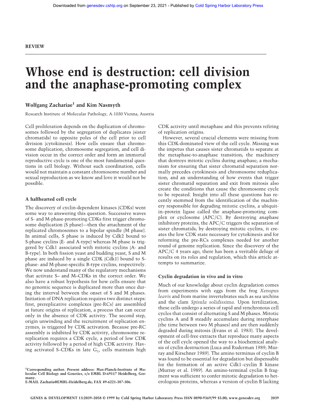 Cell Division and the Anaphase-Promoting Complex