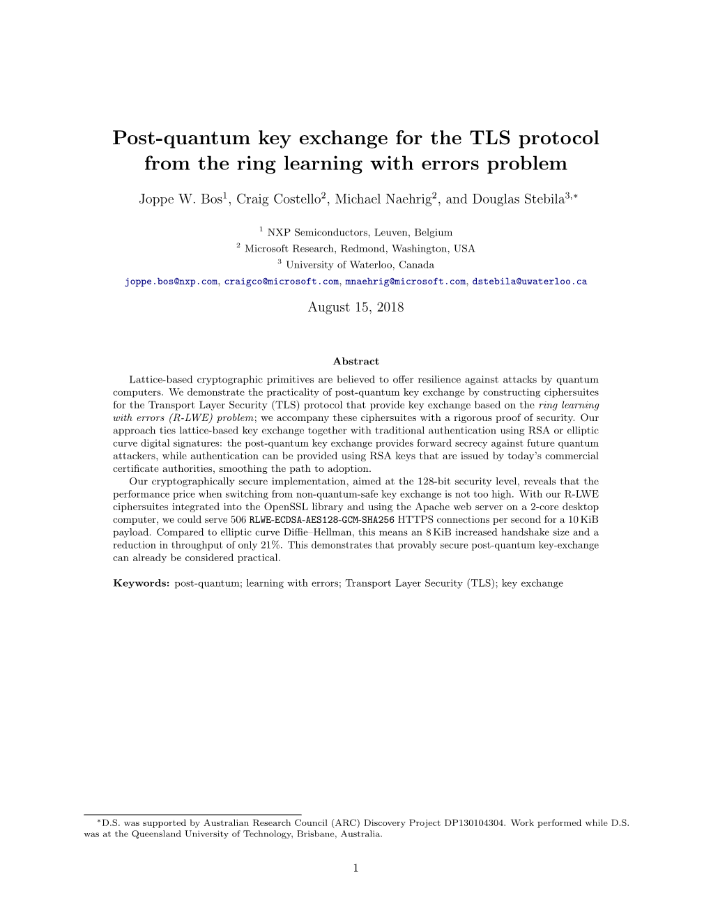 Post-Quantum Key Exchange for the TLS Protocol from the Ring Learning with Errors Problem