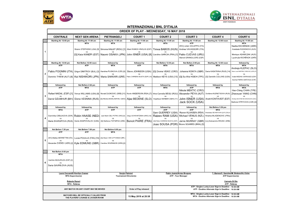 Internazionali Bnl D'italia Order of Play - Wednesday, 16 May 2018