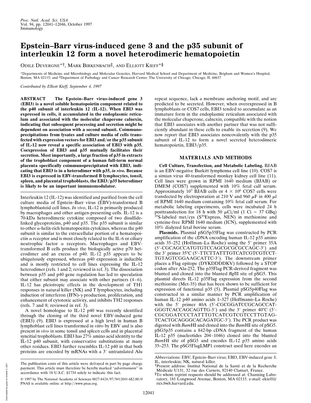 Epstein–Barr Virus-Induced Gene 3 and the P35 Subunit of Interleukin 12 Form a Novel Heterodimeric Hematopoietin