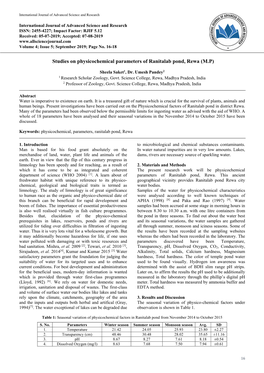 Studies on Physicochemical Parameters of Ranitalab Pond, Rewa (M.P)