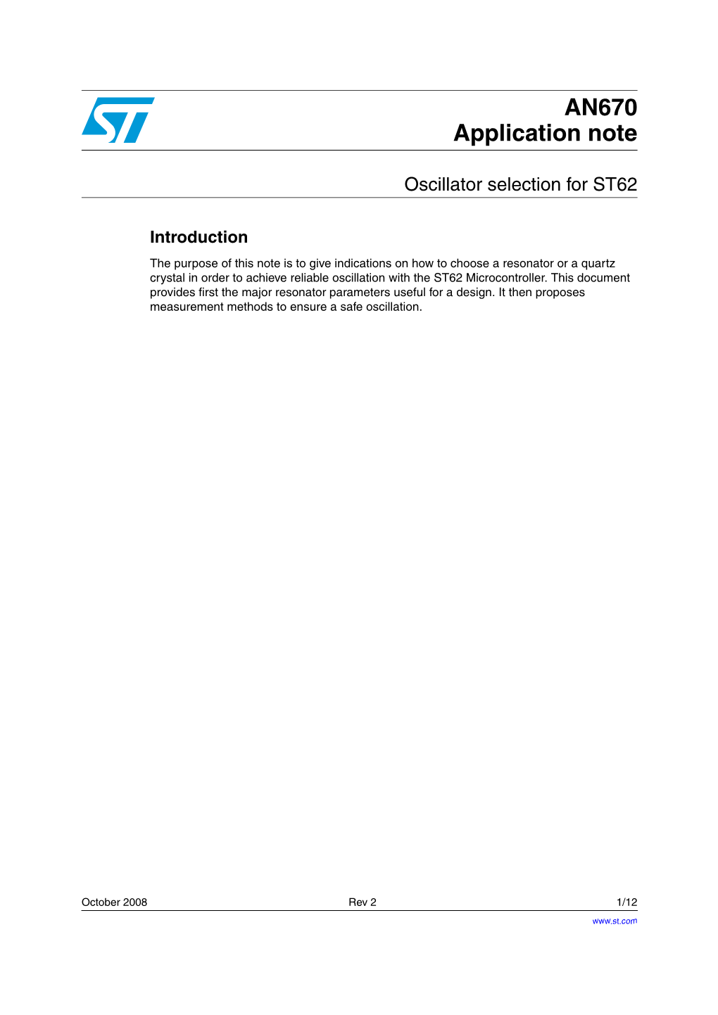 Oscillator Selection for ST62