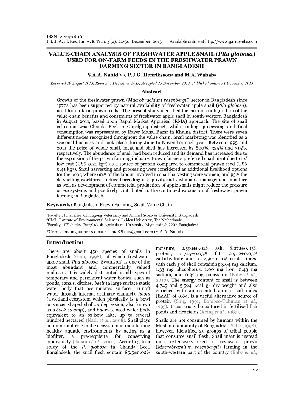 VALUE-CHAIN ANALYSIS of FRESHWATER APPLE SNAIL (Pila Globosa) USED for ...