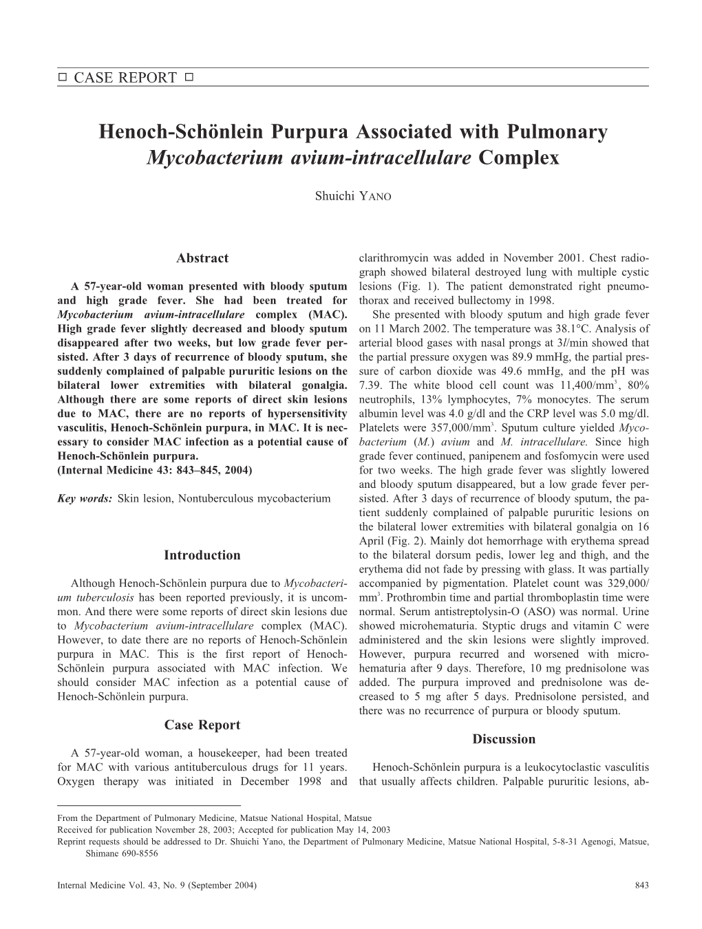 Henoch-Schönlein Purpura Associated with Pulmonary Mycobacterium Avium-Intracellulare Complex
