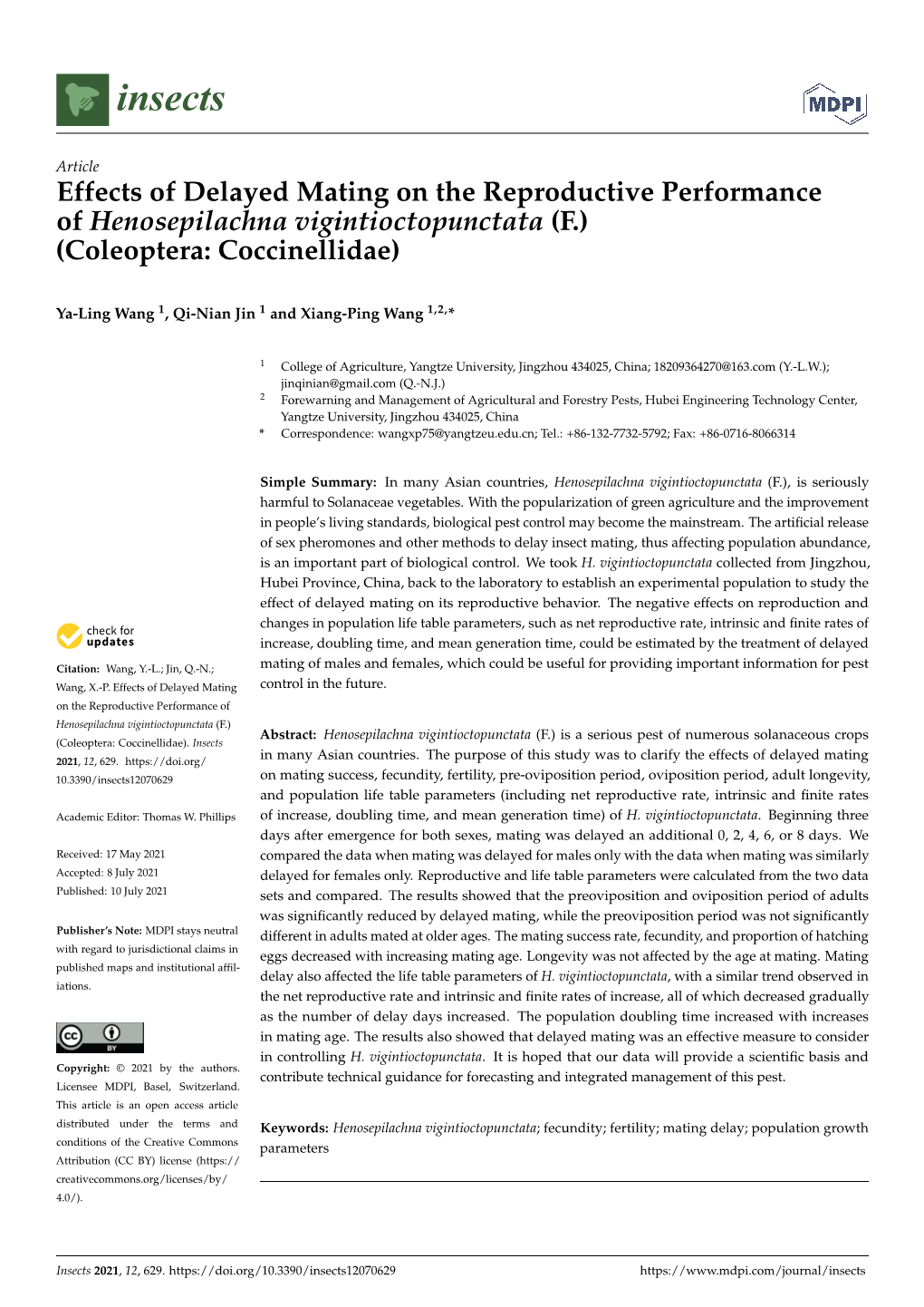 Effects of Delayed Mating on the Reproductive Performance of Henosepilachna Vigintioctopunctata (F.) (Coleoptera: Coccinellidae)