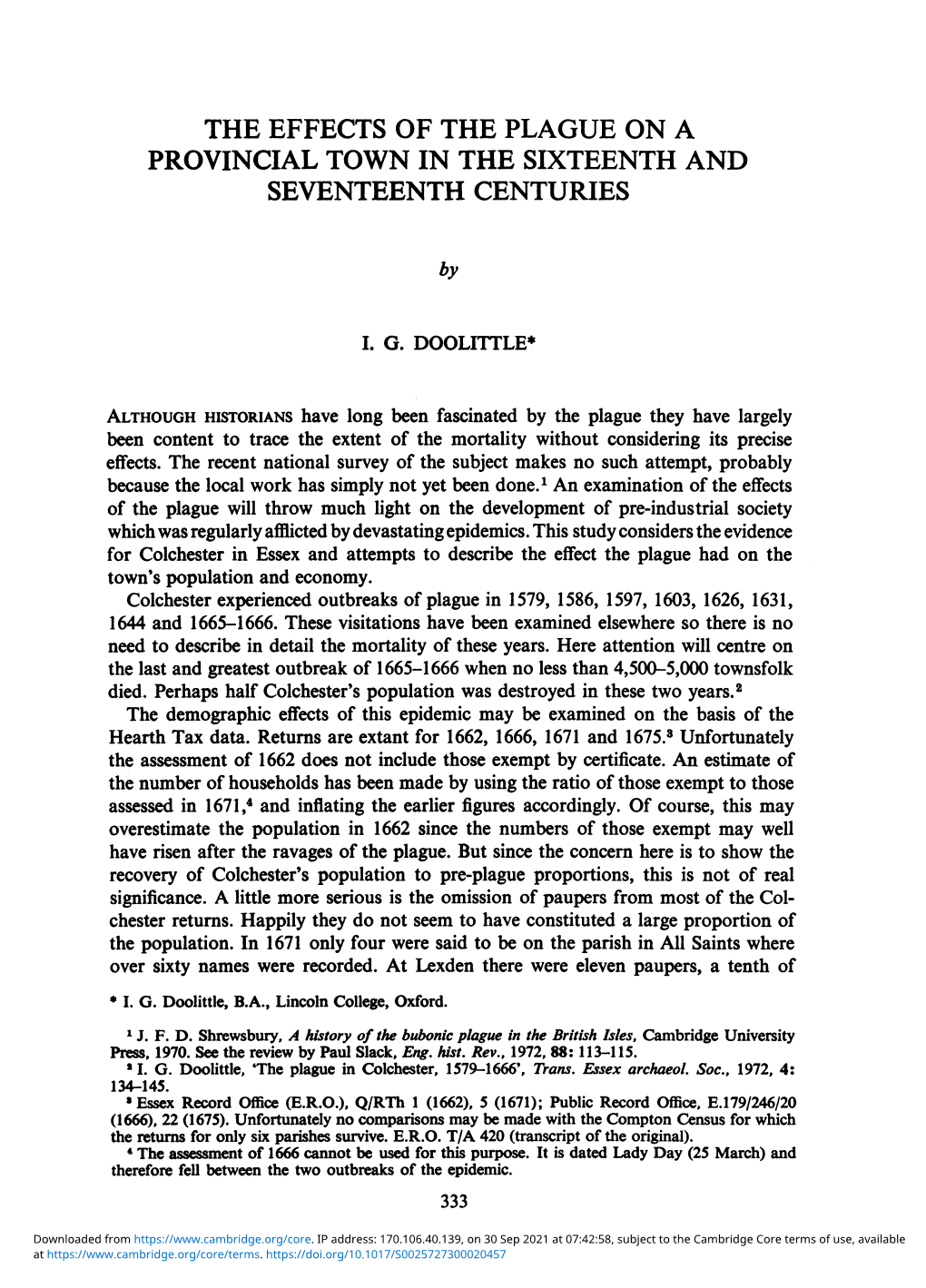 The Effects of the Plague on a Provincial Town in the Sixteenth and Seventeenth Centuries