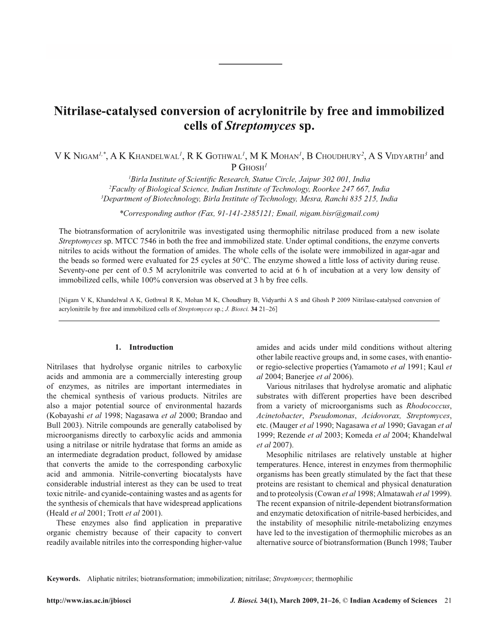 Nitrilase-Catalysed Conversion of Acrylonitrile by Free and Immobilized Cells of Streptomyces Sp