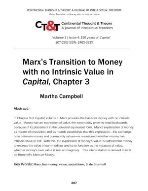 Marx's Transition to Money with No Intrinsic Value in Capital, Chapter 3