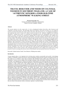 Travel Behavior and Needs of Cultural Tourism in Southern Thailand: a Case of ‘Authentic Songkhla Food Old-Time Atmosphere’ Walking Street