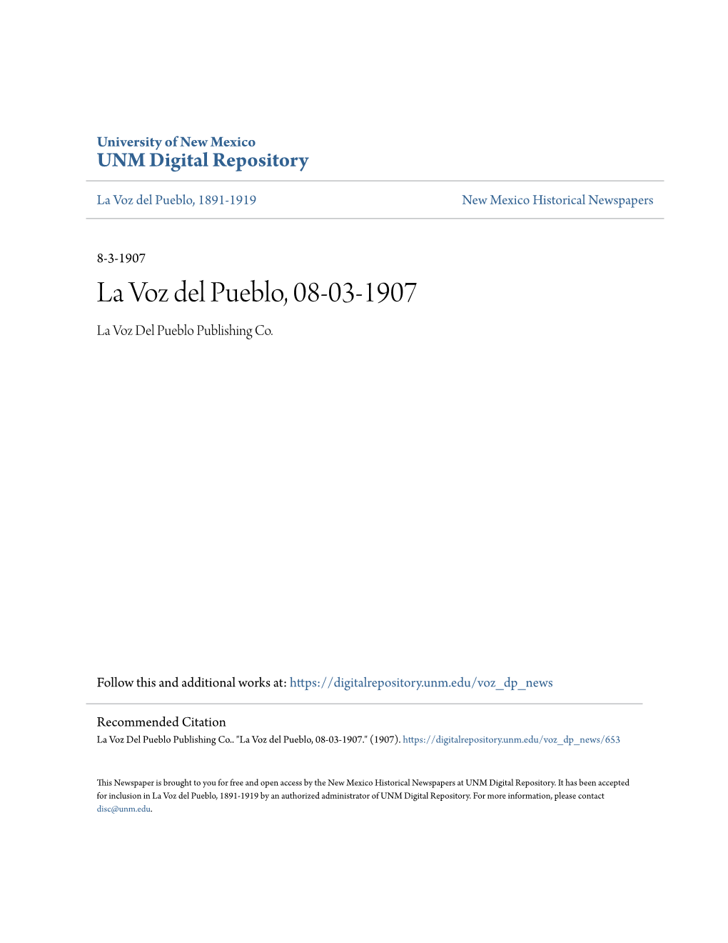 La Voz Del Pueblo, 08-03-1907 La Voz Del Pueblo Publishing Co