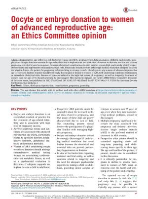 Oocyte Or Embryo Donation to Women of Advanced Reproductive Age: an Ethics Committee Opinion