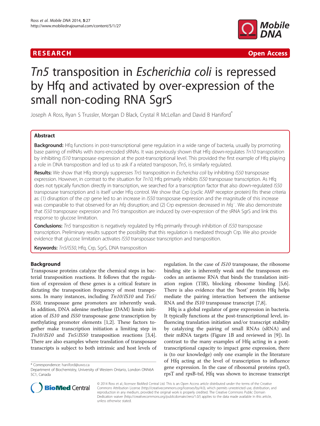 Tn5 Transposition in Escherichia Coli Is Repressed by Hfq and Activated By