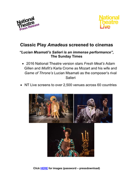 Classic Play Amadeus Screened to Cinemas