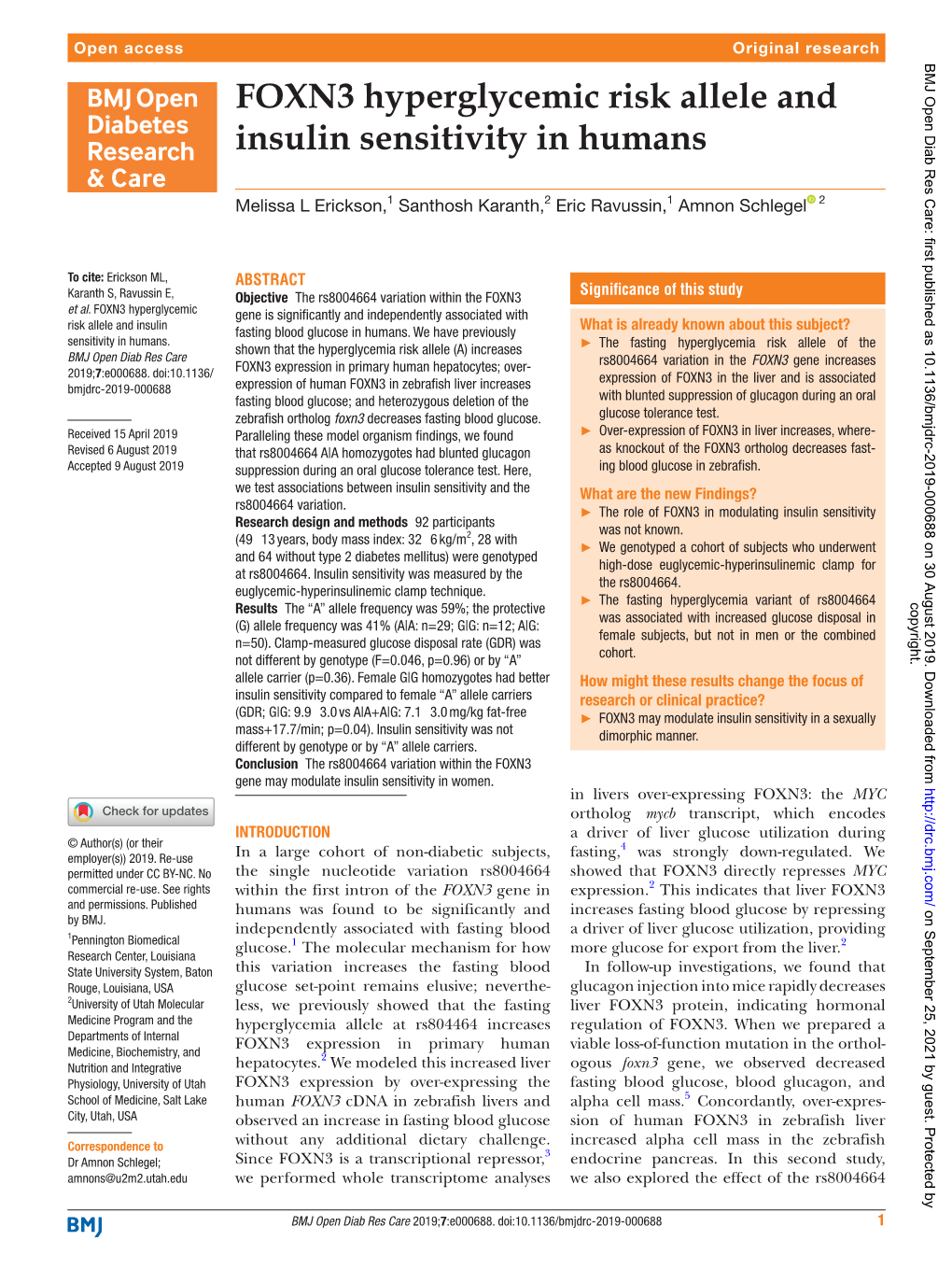 FOXN3 Hyperglycemic Risk Allele and Insulin Sensitivity in Humans