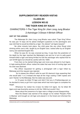 SUPPLEMENTORY READER-VISTAS CLASS-XII LESSON NO.02 the TIGER KING by KALKI CHARACTERS-1-The Tiger King Sir Jilani Jung Jung Bhad