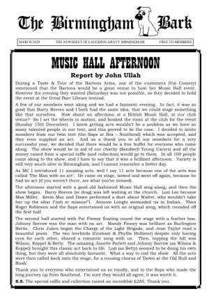 MUSIC HALL AFTERNOON Report by John Ullah