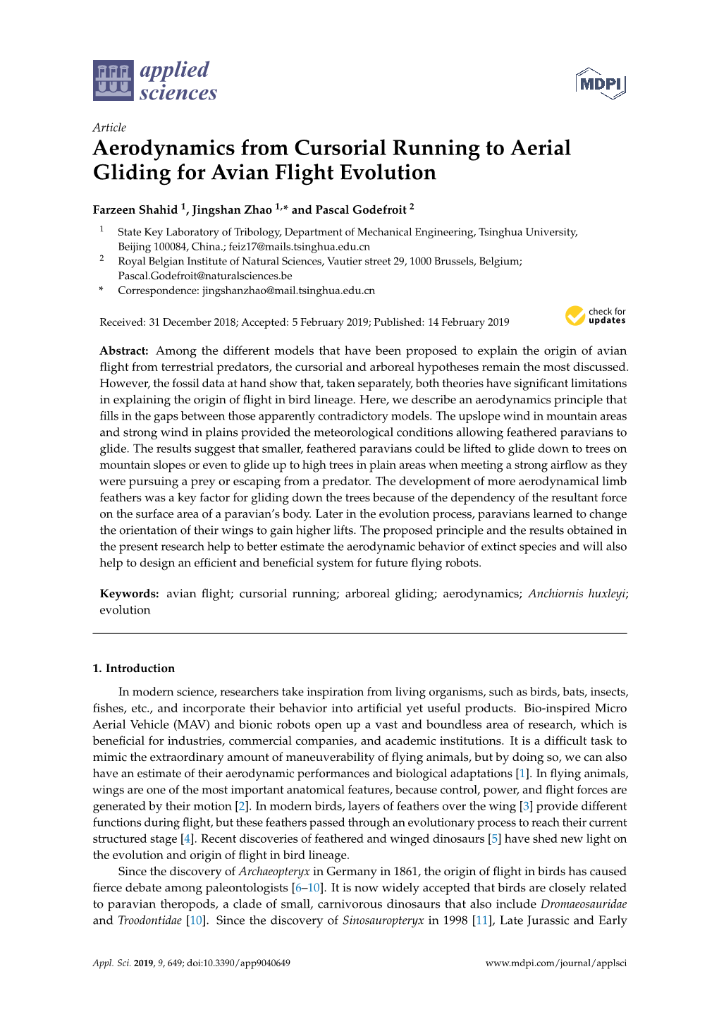 Aerodynamics from Cursorial Running to Aerial Gliding for Avian Flight Evolution