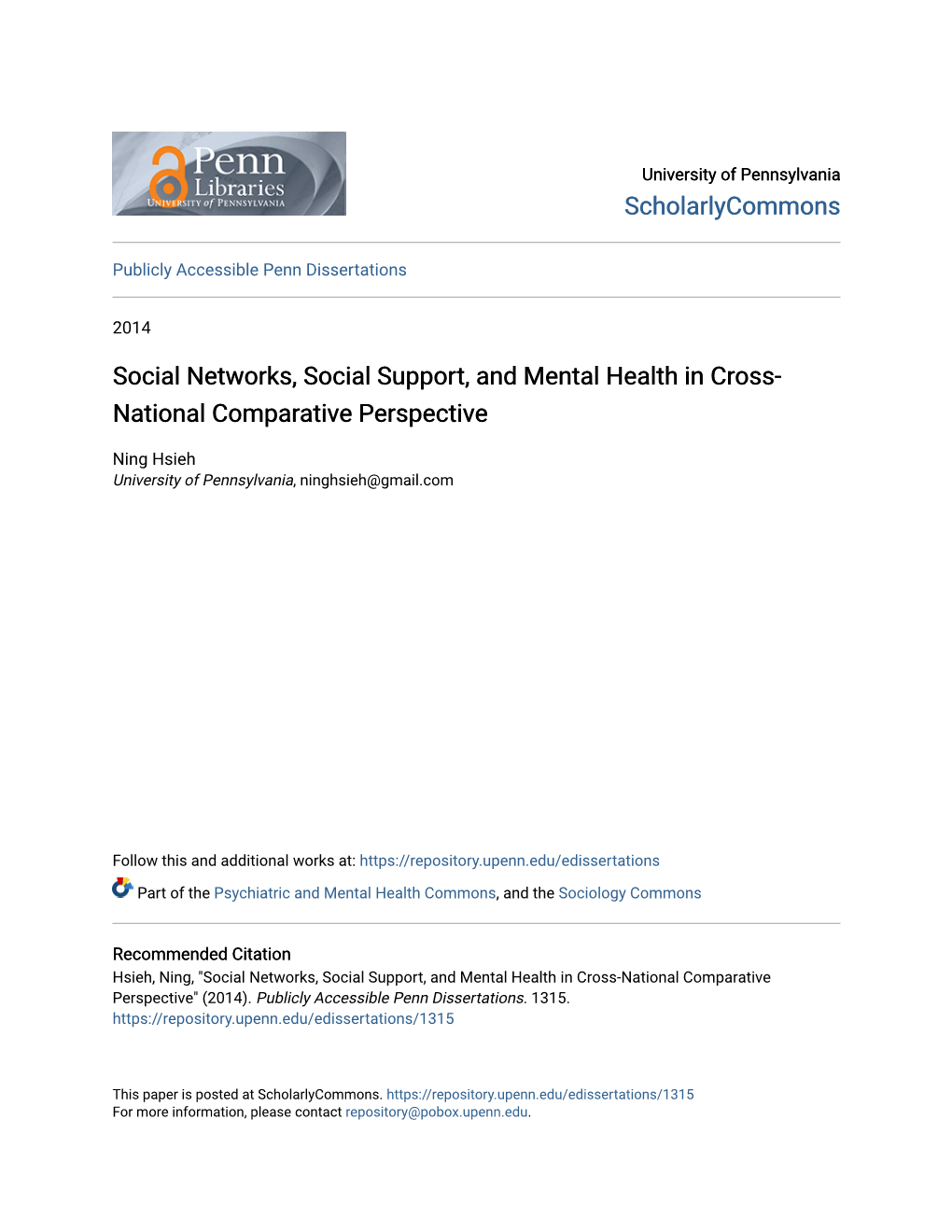 Social Networks, Social Support, and Mental Health in Cross-National Comparative Perspective" (2014)