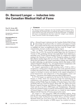 Dr. Bernard Langer — Inductee Into the Canadian Medical Hall of Fame