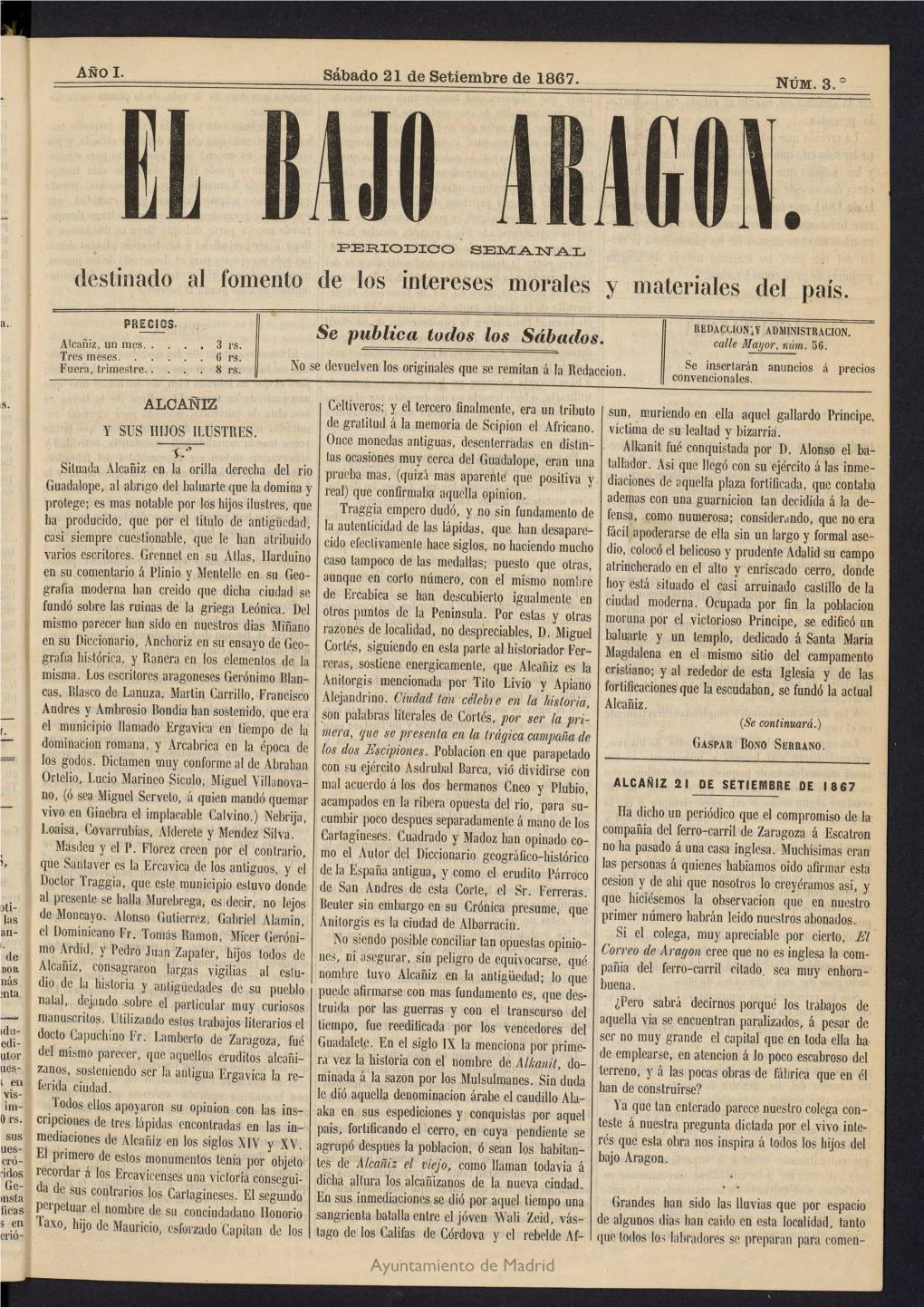 El Bajo Aragón Del 21 De Septiembre De 1867, Nº 3
