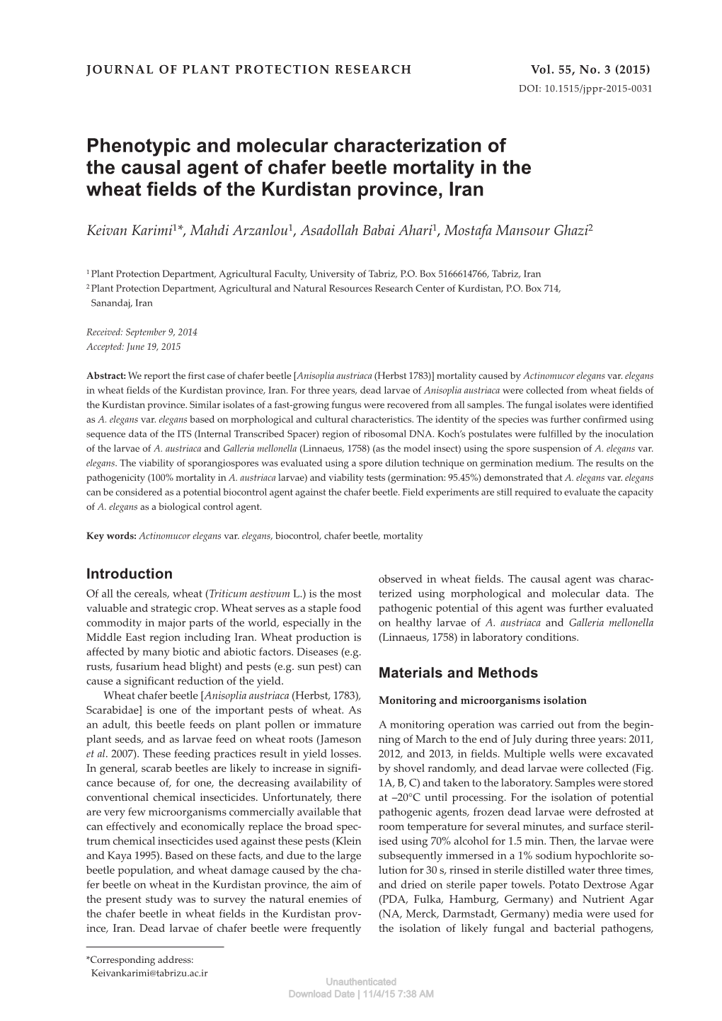 Phenotypic and Molecular Characterization of the Causal Agent of Chafer Beetle Mortality in the Wheat Fields of the Kurdistan Province, Iran