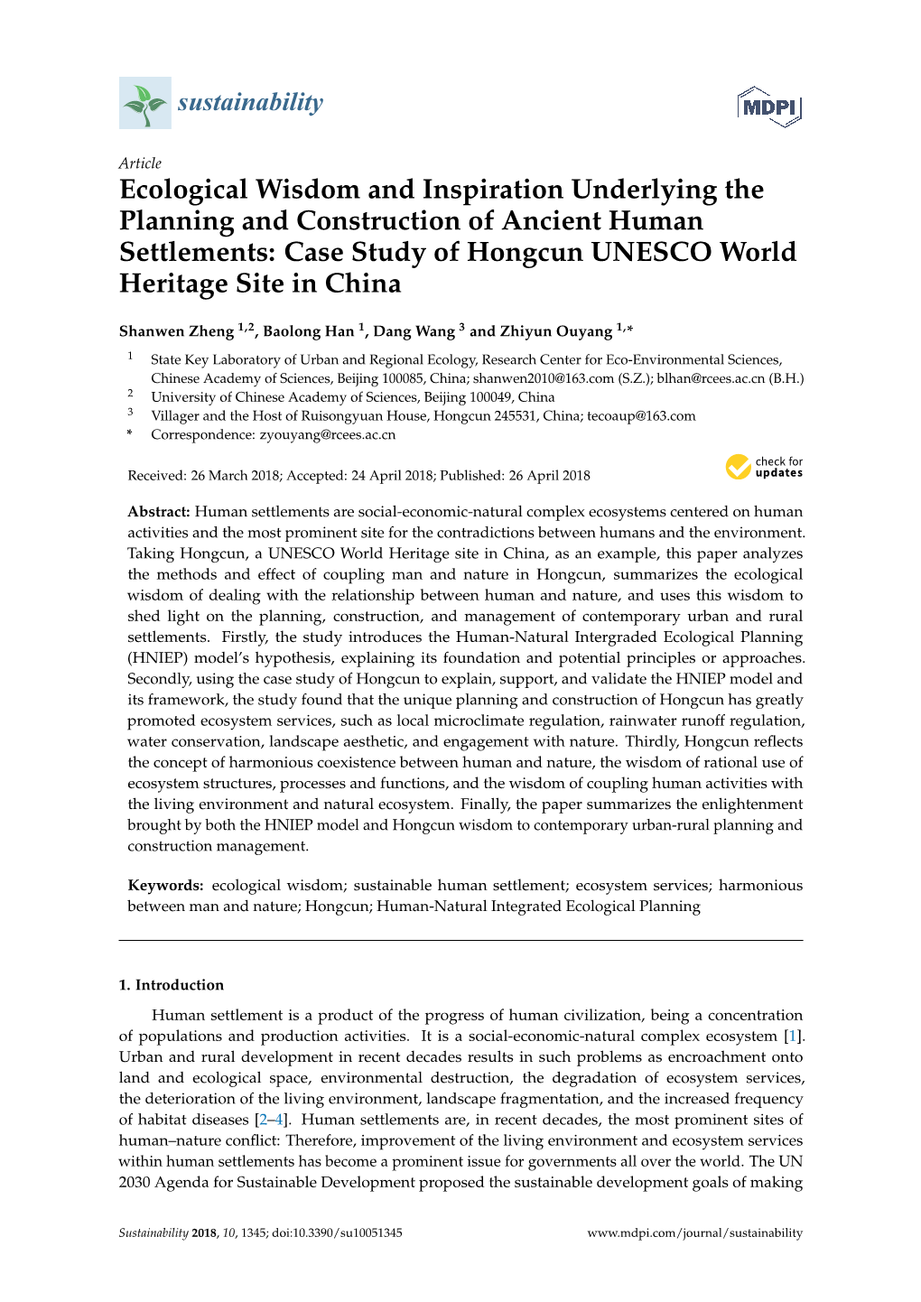 Ecological Wisdom and Inspiration Underlying the Planning and Construction of Ancient Human Settlements: Case Study of Hongcun UNESCO World Heritage Site in China