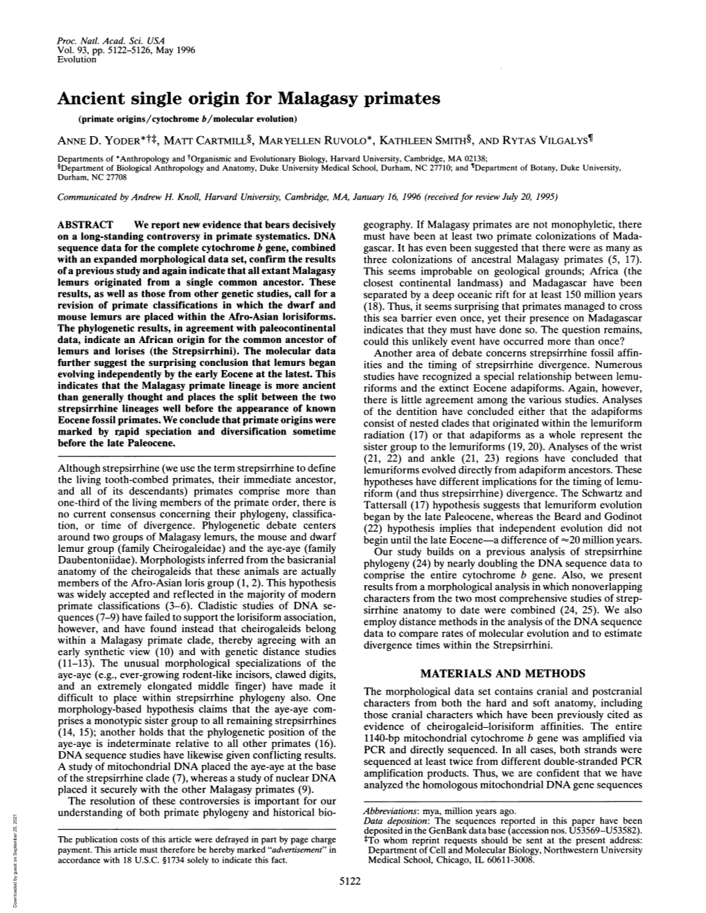 Ancient Single Origin for Malagasy Primates (Primate Origins/Cytochrome B/Molecular Evolution) ANNE D